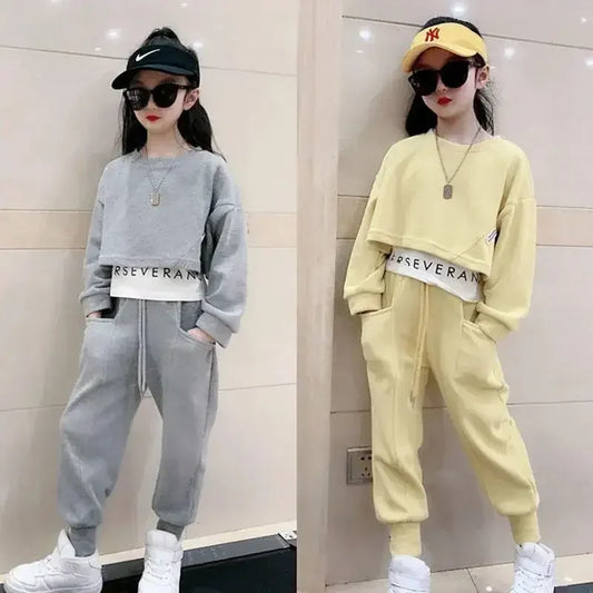 2025年ティーン向けグレイガールズスポーツスーツ春服長袖トップスウェットシャツパーカー＆パンツカジュアル6 7 8 9 10 11 12歳子供