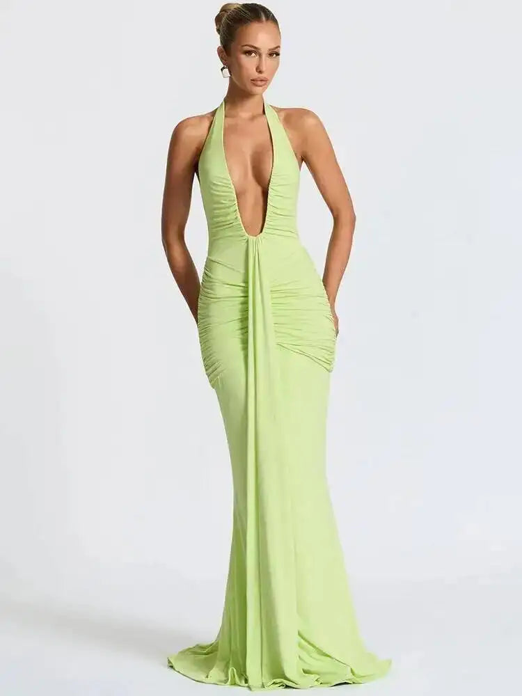 Deep V Neck Backless Ruched Maxi Dress