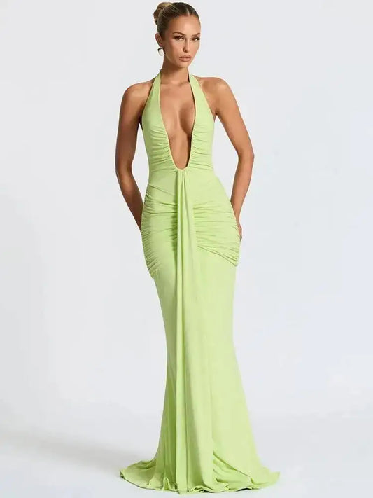 Deep V Neck Backless Ruched Maxi Dress