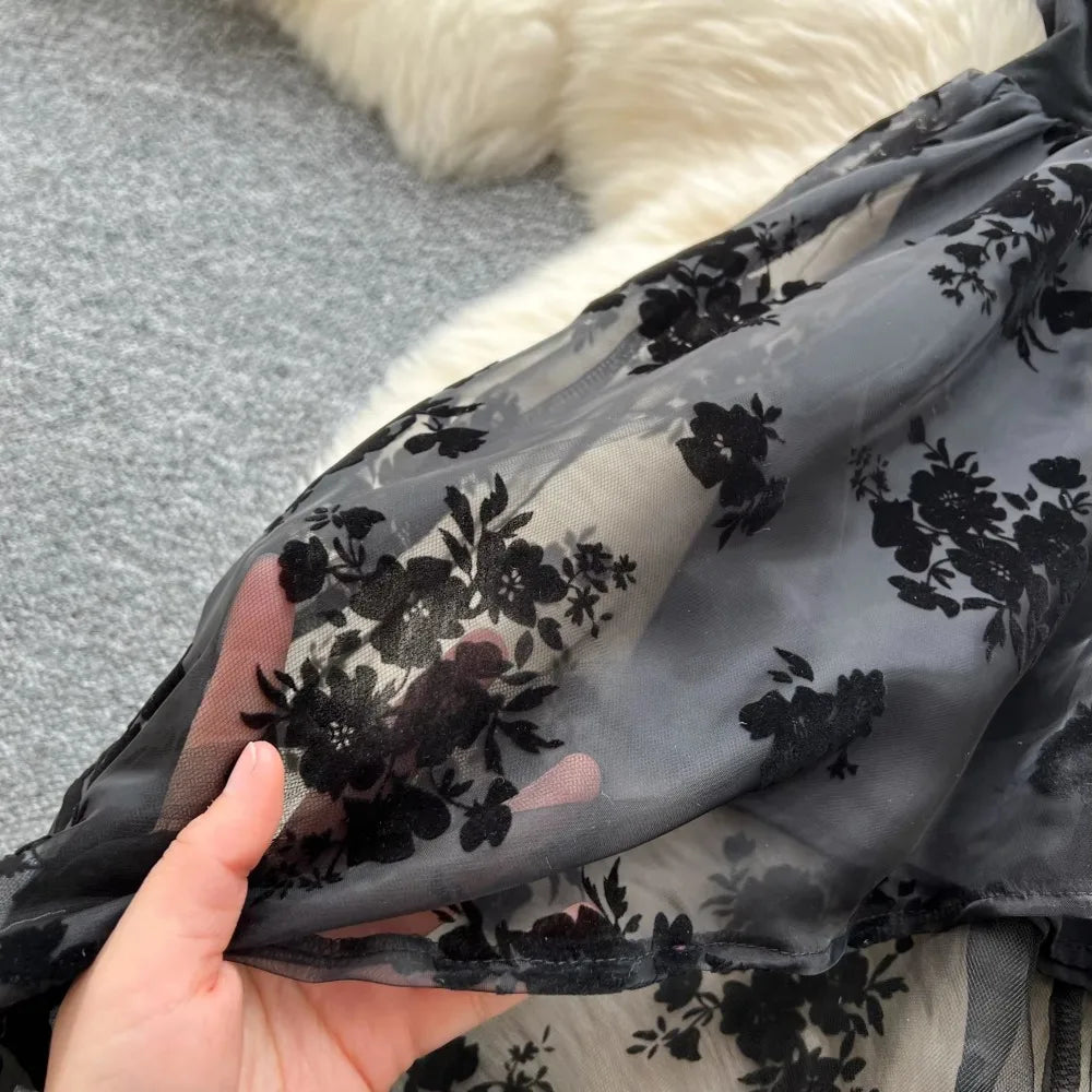 Flocking Print Chic Strapless Mesh Spliced Dress