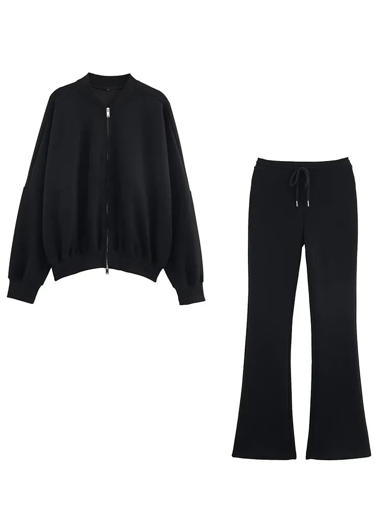 Solid Color Interlocked Pilot Jacket + High Waist Lace-Up Flared Pants Set