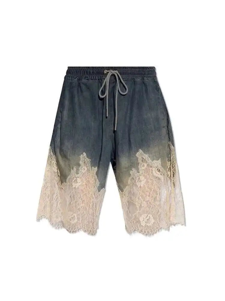 DEAT 2 Pcs Set Denim Lace Backless Tank Tops High Waist Lace-up Pockets Knee Length Shorts