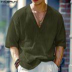 V Neck Half Sleeve Solid Color Ribbed Knitted Shirt