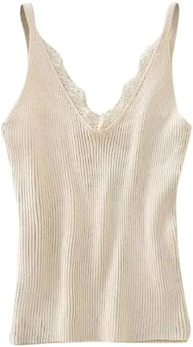Lace Top V-neck Solid Knit Tank