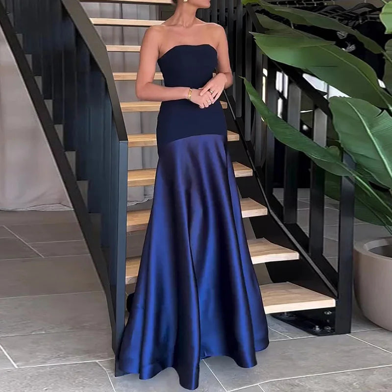 Strapless Drop-Waist Satin Maxi Gown