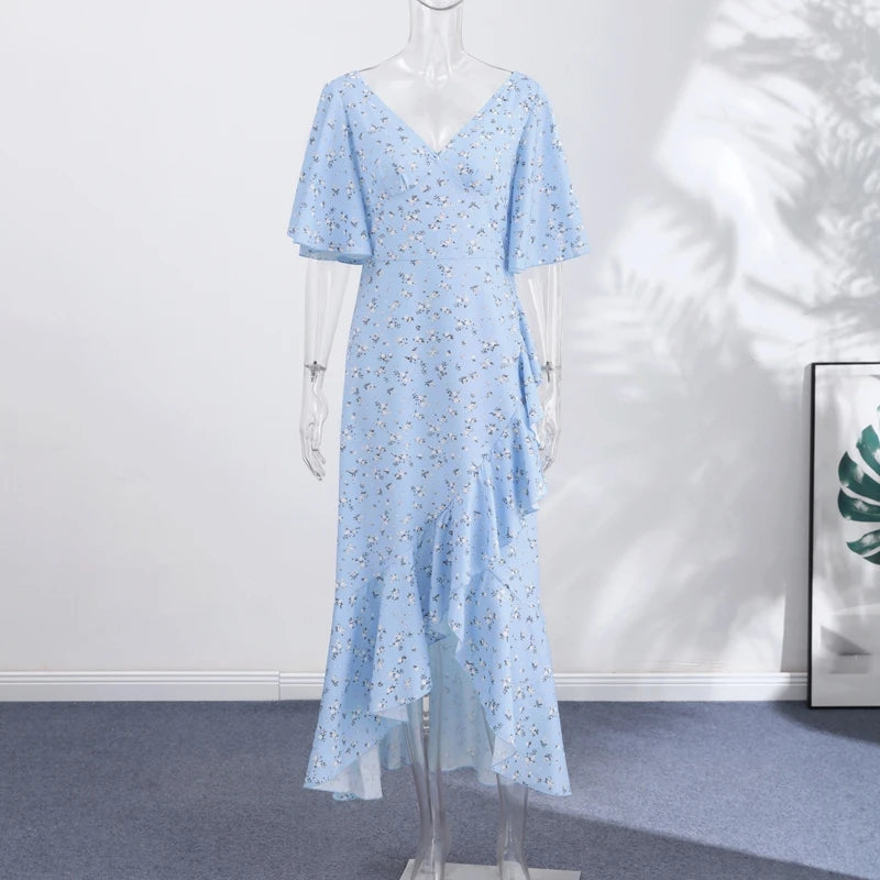 Print Long Ruffle Pleated Short Sleeve V-Neck Dress