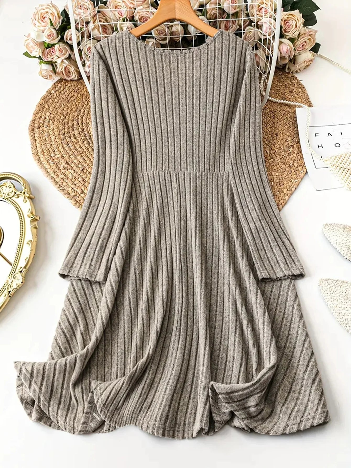 Solid Color V-Neck Long Sleeve Stripe Dress