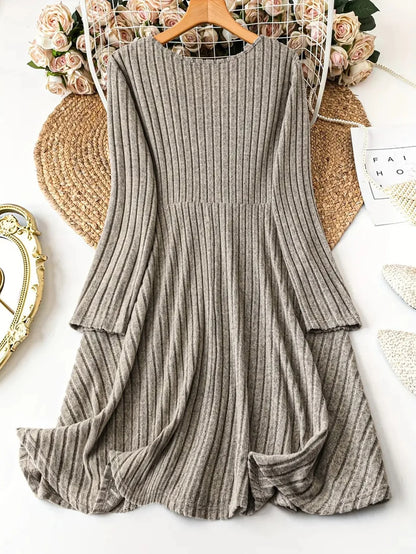 Solid Color V-Neck Long Sleeve Stripe Dress