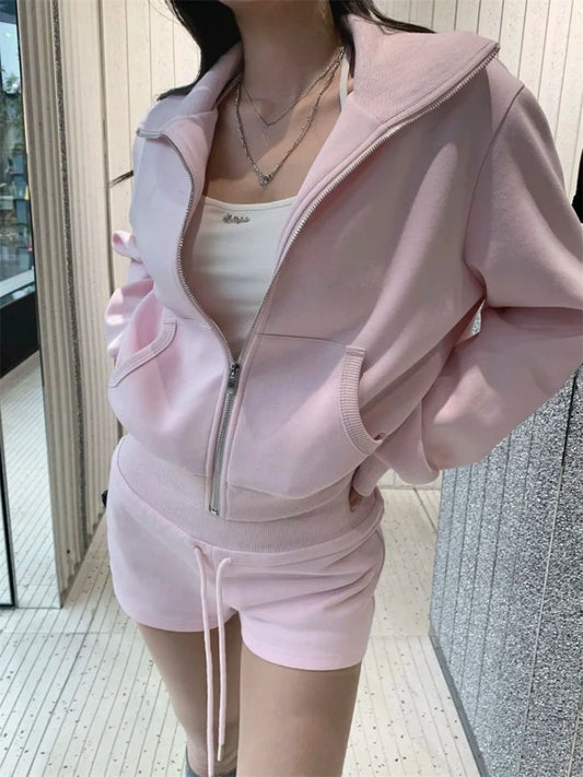 Zipper Hoodie Jacket + High Waist Straight Shorts Set