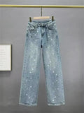 Rhinestone High Waist Wash Jeans