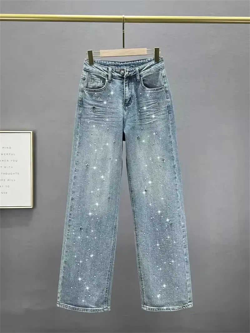 Rhinestone High Waist Wash Jeans