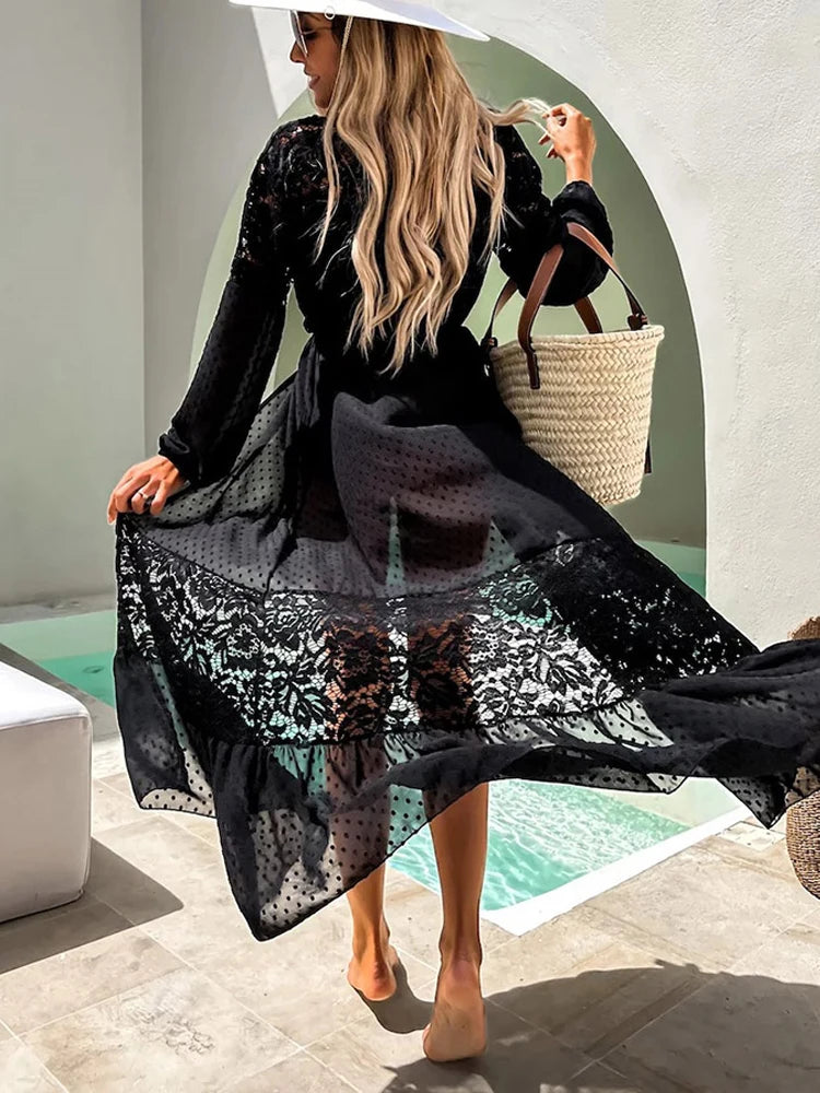 Lace Patchwork Bikini Chiffon Beach Dress Cover Up