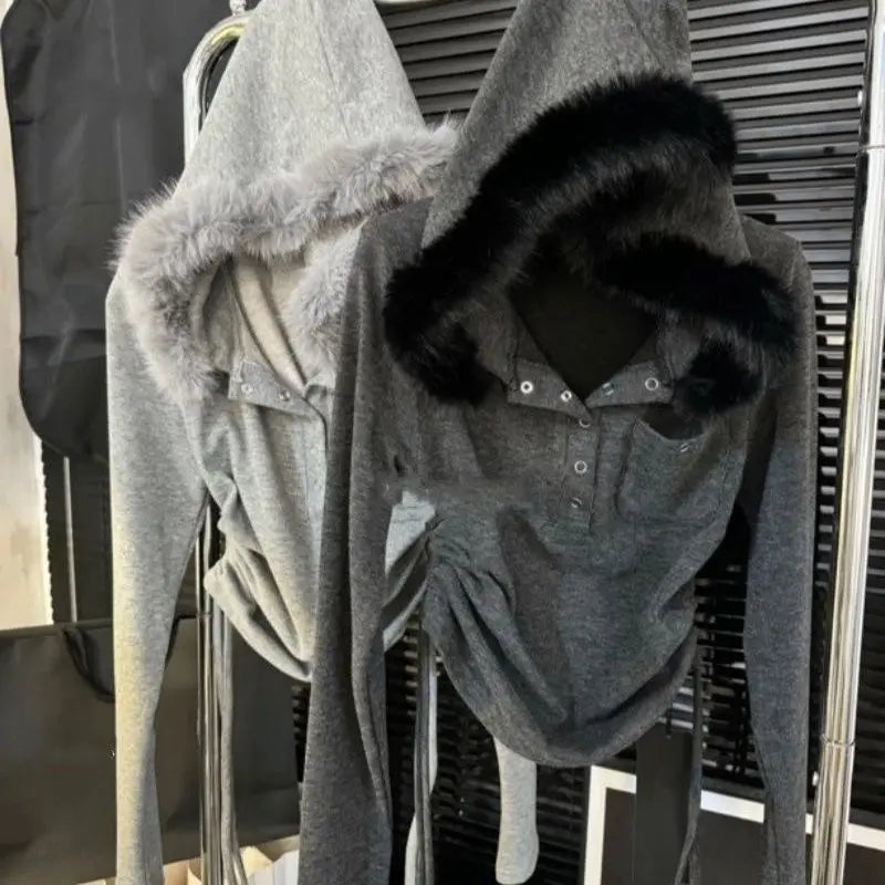Faux Fur Trimmed Hooded Henley Top with Side Drawstring Ruched Detail