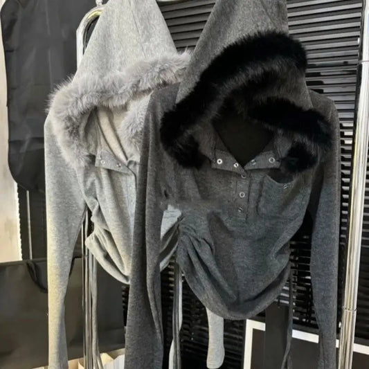 Faux Fur Trimmed Hooded Henley Top with Side Drawstring Ruched Detail