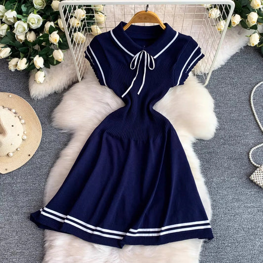 Turndown Collar Short Sleeve Knitted Dress