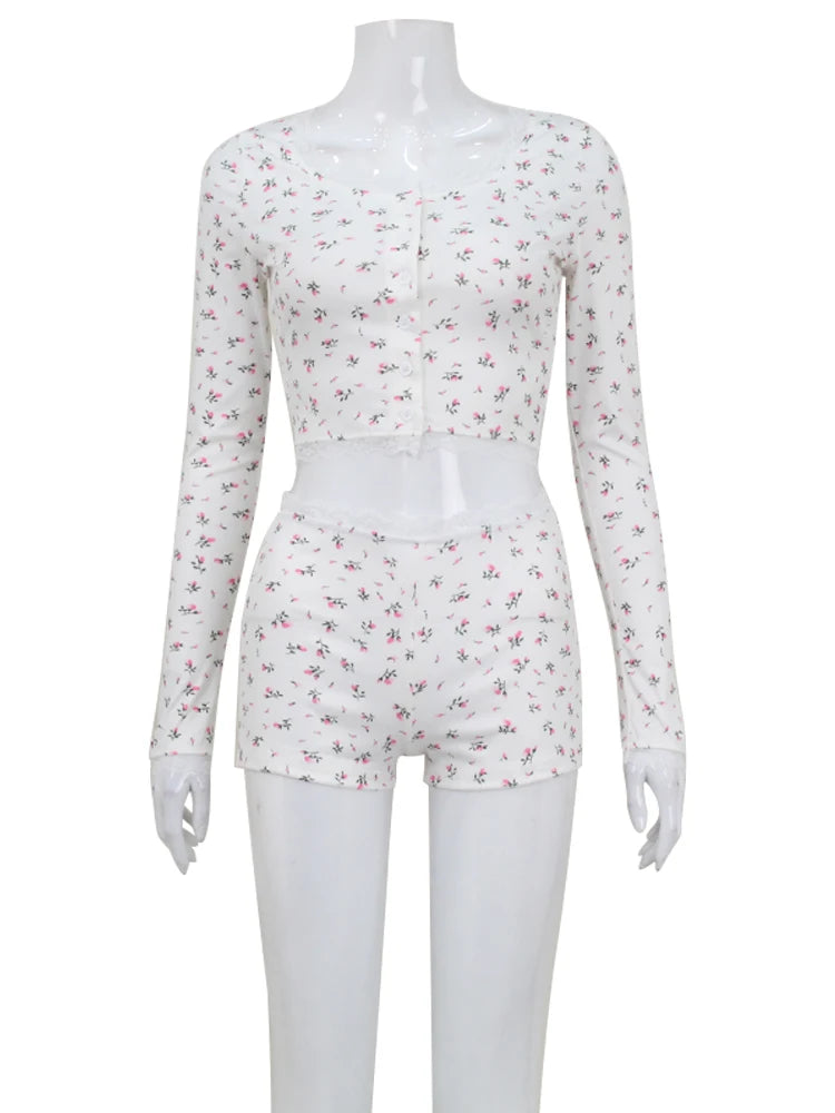 Ahagaga Lace Trim Long Sleeve Crop Top and Shorts Loungewear