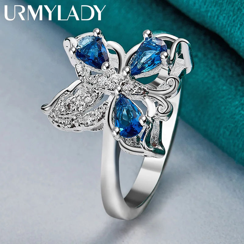 925 Sterling Silver Butterfly Blue Zircon Ring