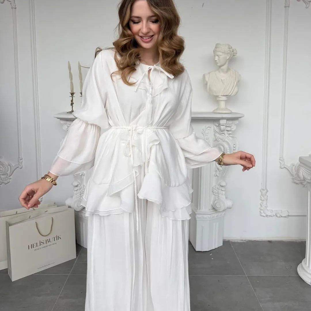 Women Top Wide Leg Pants 2 Piece Set Ramadan Eid Muslim Blouse Trousers Arabic Outfits Morocco Lace Up Dubai Islam Ensemble