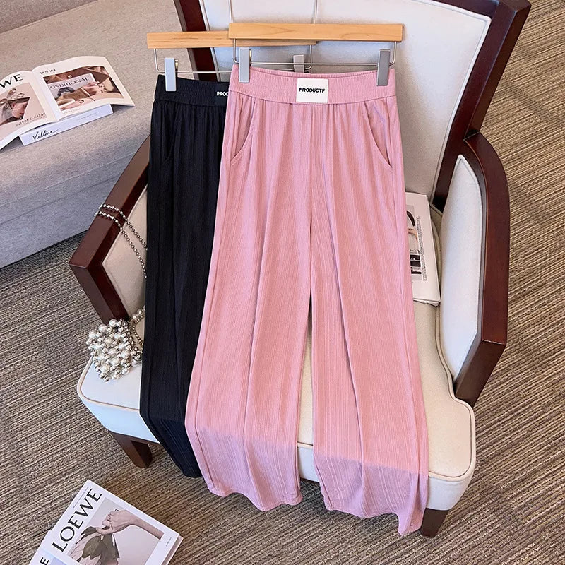 Loose Straight Leg High Waisted Ice Silk Cropped Pants