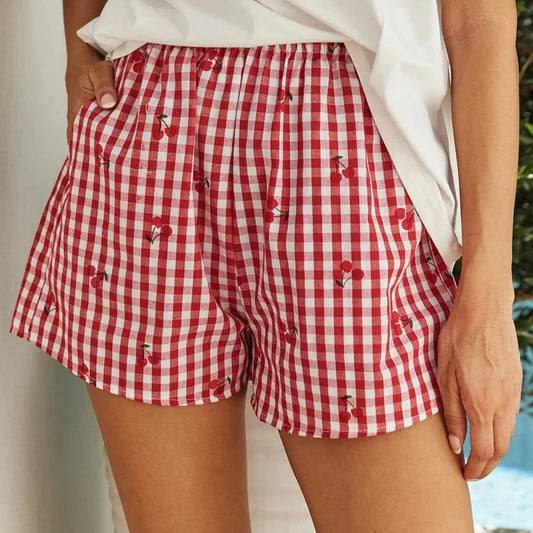 Cherry Plaid Print Shorts
