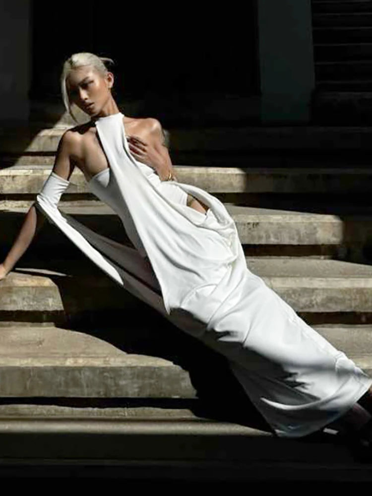 Kliou Wrap Chest Backless Skinny Bodysuits + Irregular Hollow Halter Long Dress Set