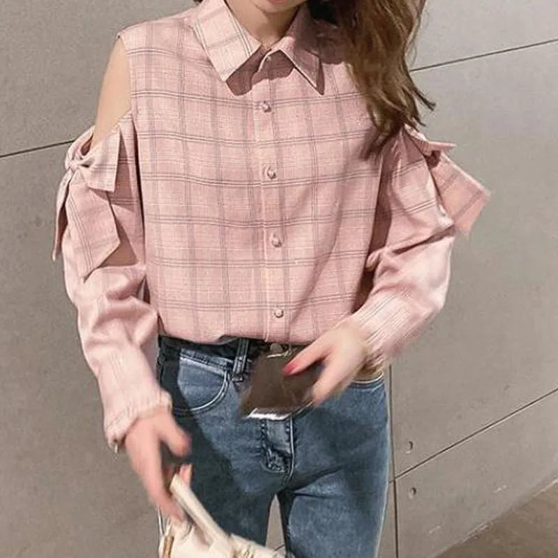 Cold-Shoulder Plaid Button-Down with Bow Sleeves