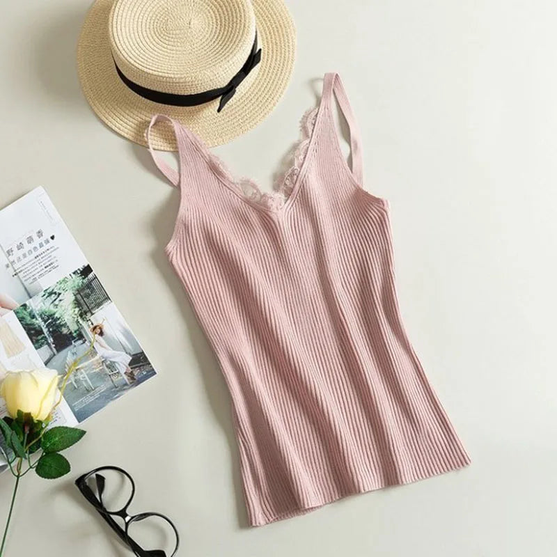 Lace Top V-neck Solid Knit Tank