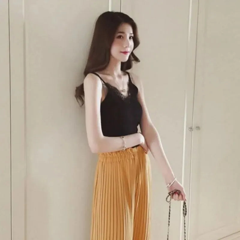 Lace Top V-neck Solid Knit Tank
