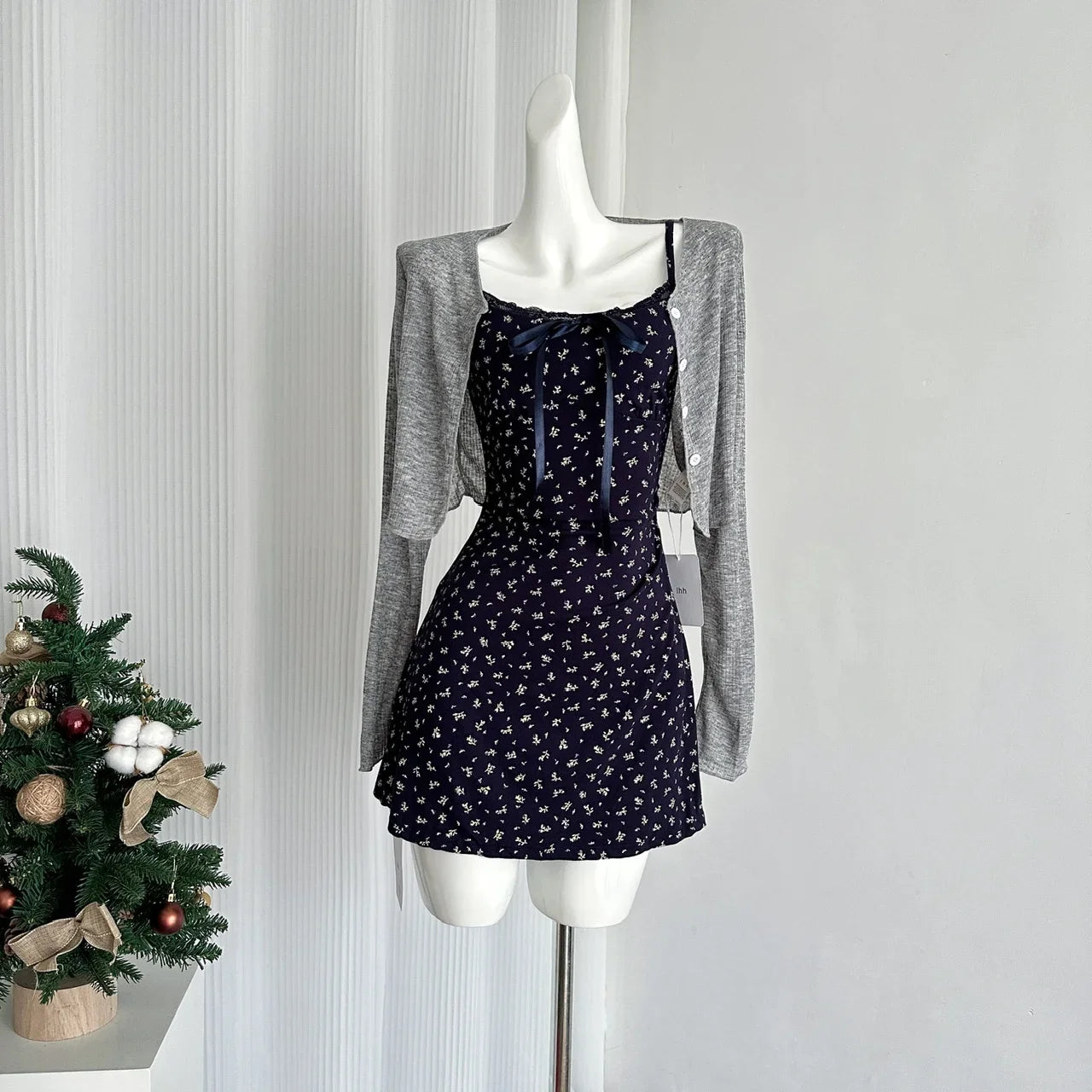 Blue Suspender Floral Mini Dress + Cardigan Set