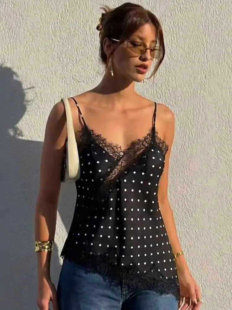 Polka Dot Lace-Trim Satin Camisole