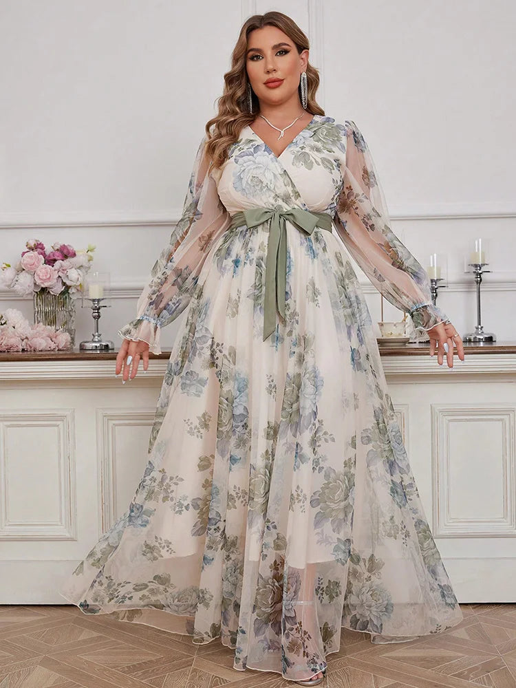 TOLEEN Floral Print V-Neck Spliced Mesh Dress