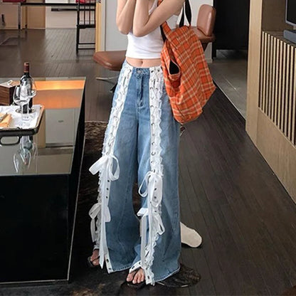 Bow Lace Patchwork Bandage Denim Pants