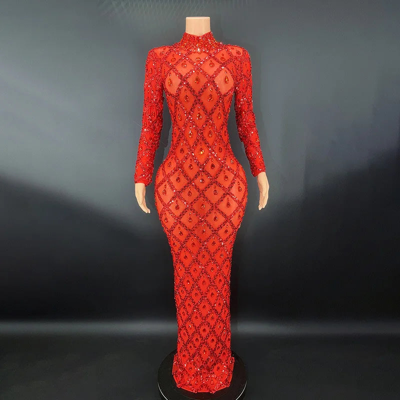 Sparkly Big Rhinestone Transparent Long Dress