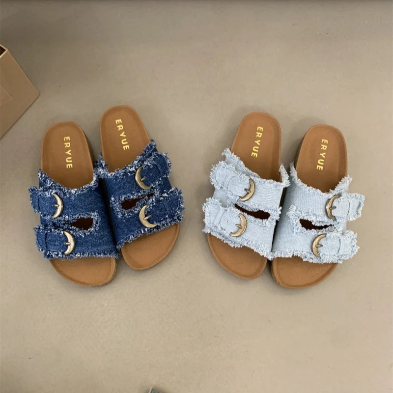 Distressed Denim Double Strap Slide Sandals