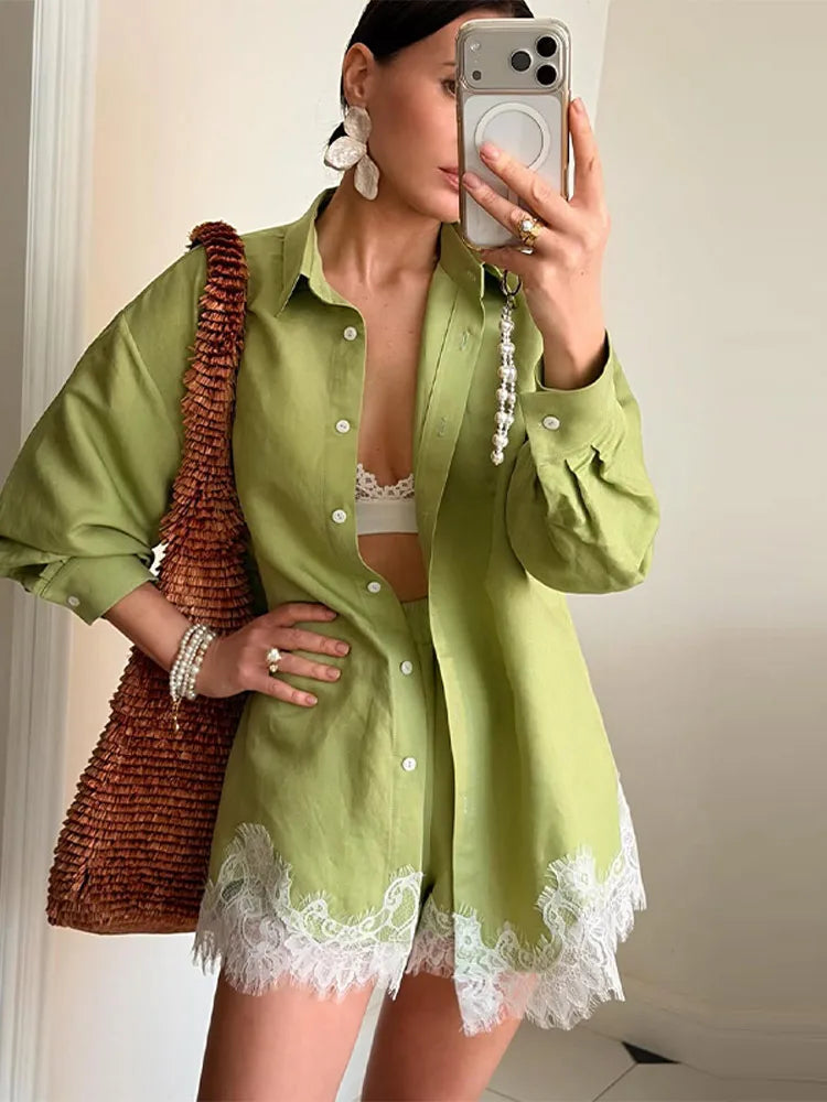 Casual Lace Patchwork Shirt Shorts Set