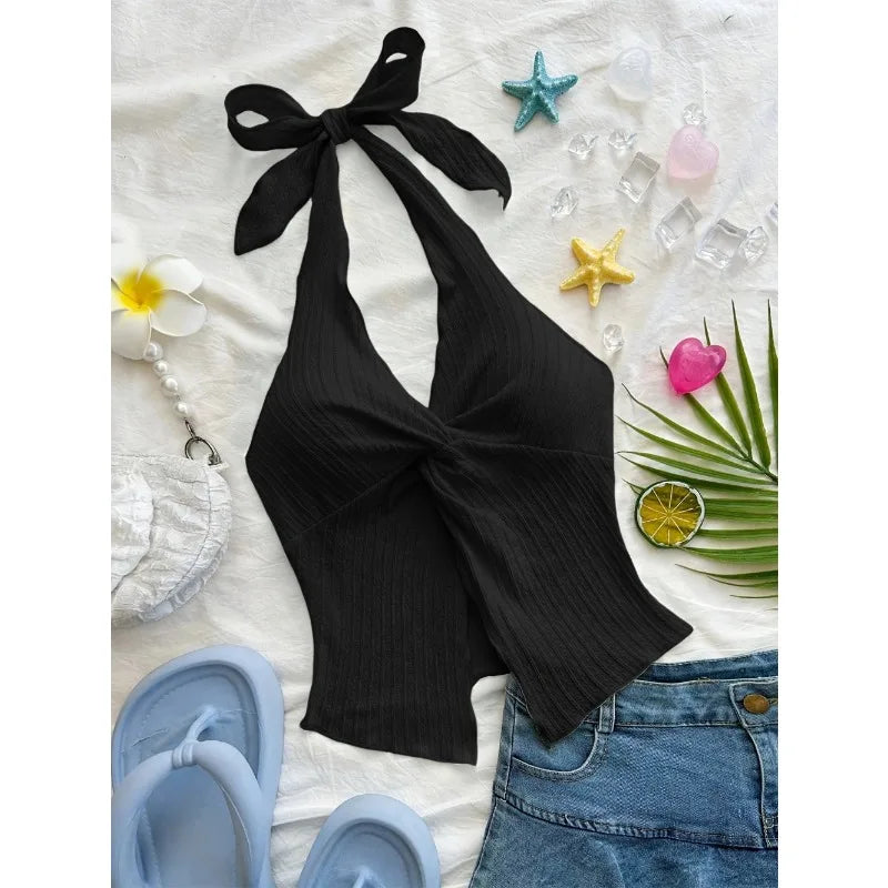 V-neck Halter Neck Crop Top