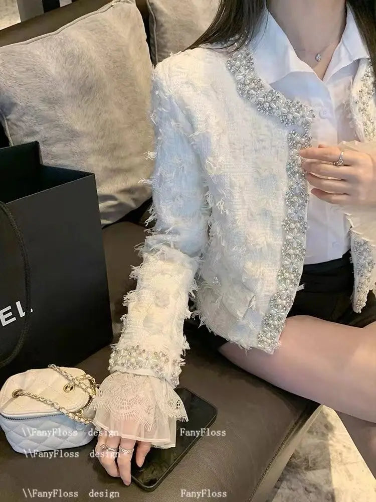 Pearl-Embellished Textured Tweed Crop Jacket