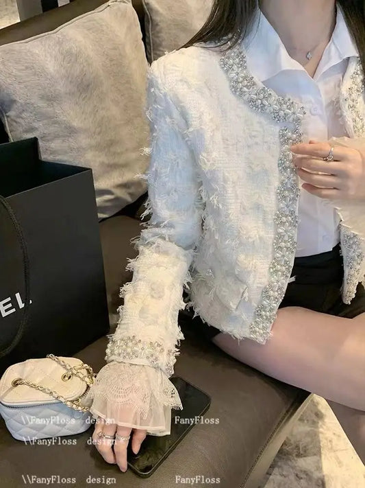 Pearl-Embellished Textured Tweed Crop Jacket