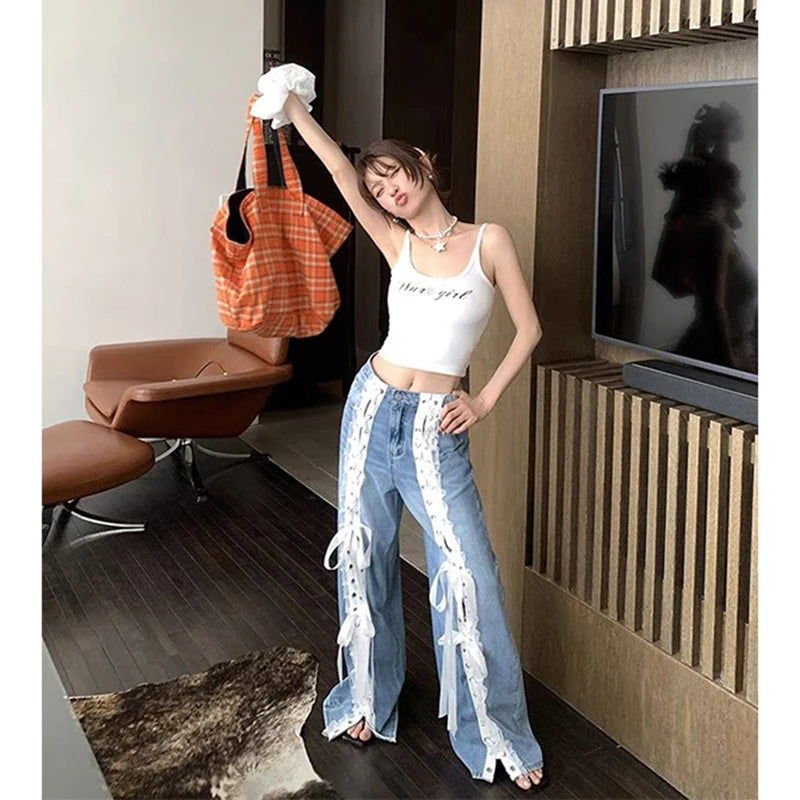 Bow Lace Patchwork Bandage Denim Pants
