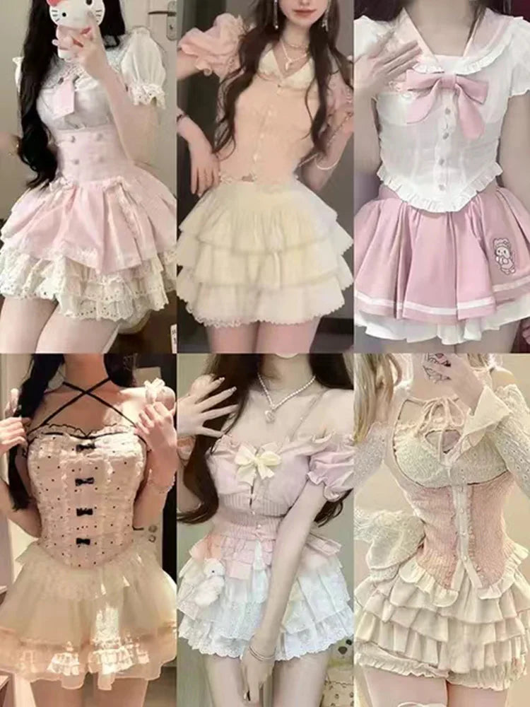 Uniform Puffy Skirt Pink White Set High Waist Bubble Sleeve Short Dress