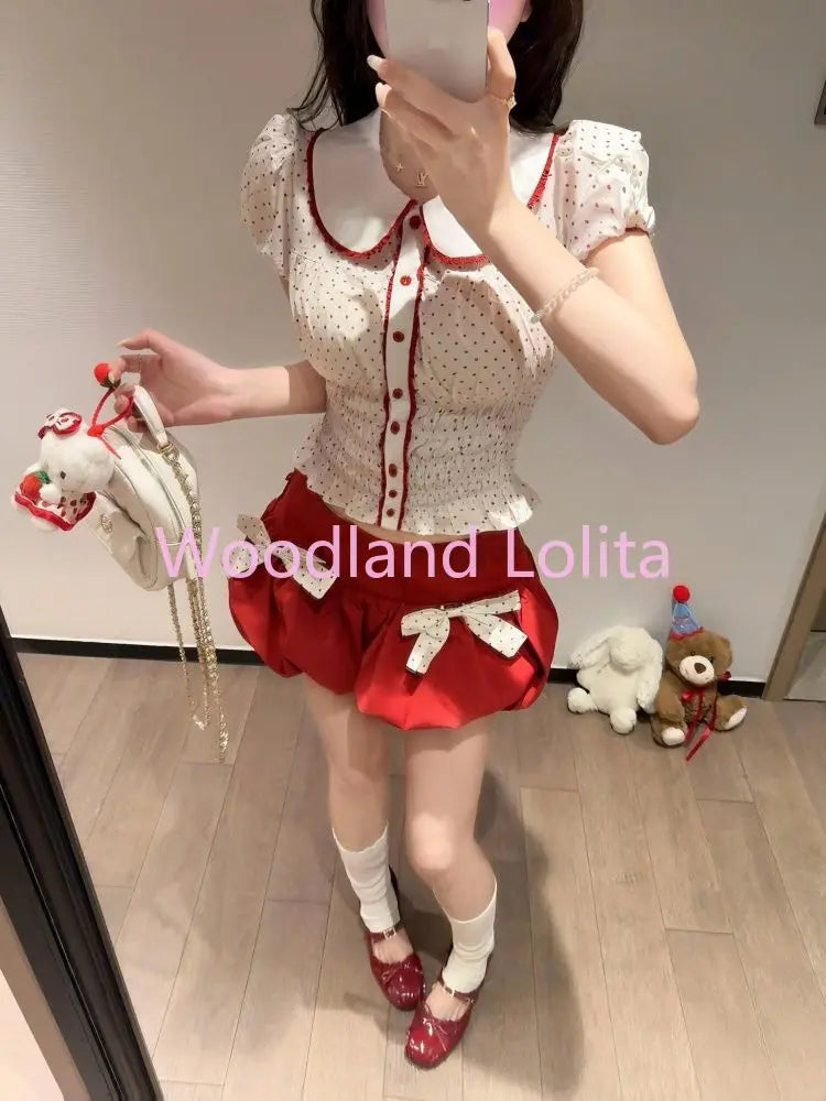 Polka Dot Top + Bow Mini Skirt