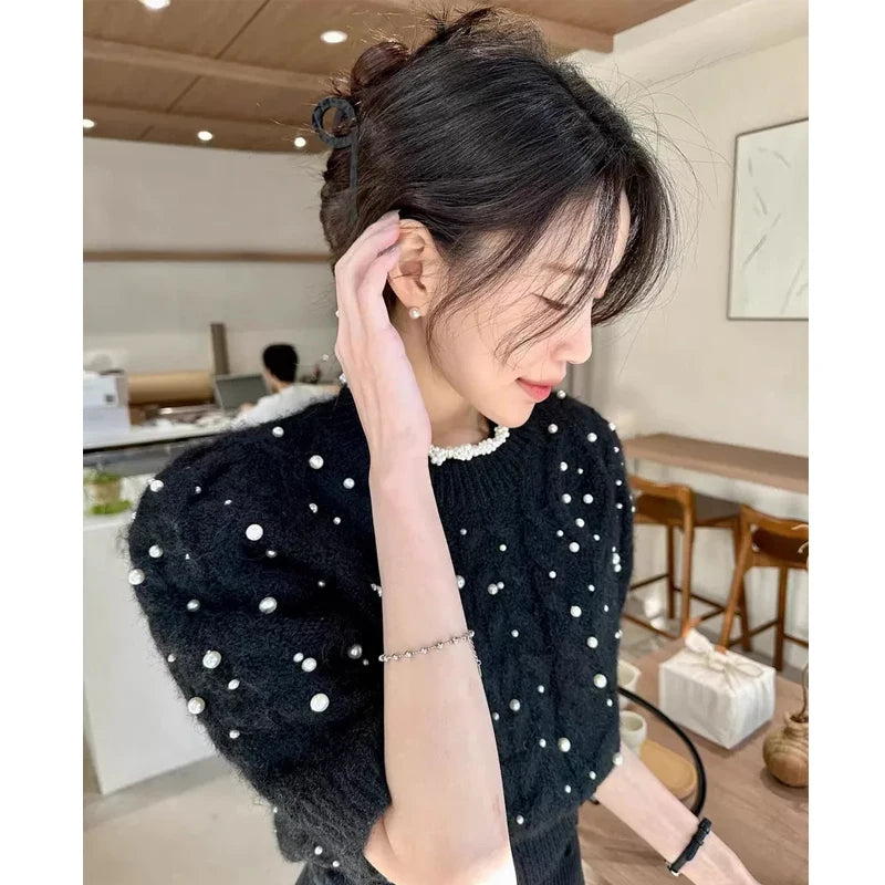 Bubble Sleeve Knitwear Round Neck Short Sleeve Sweater Top