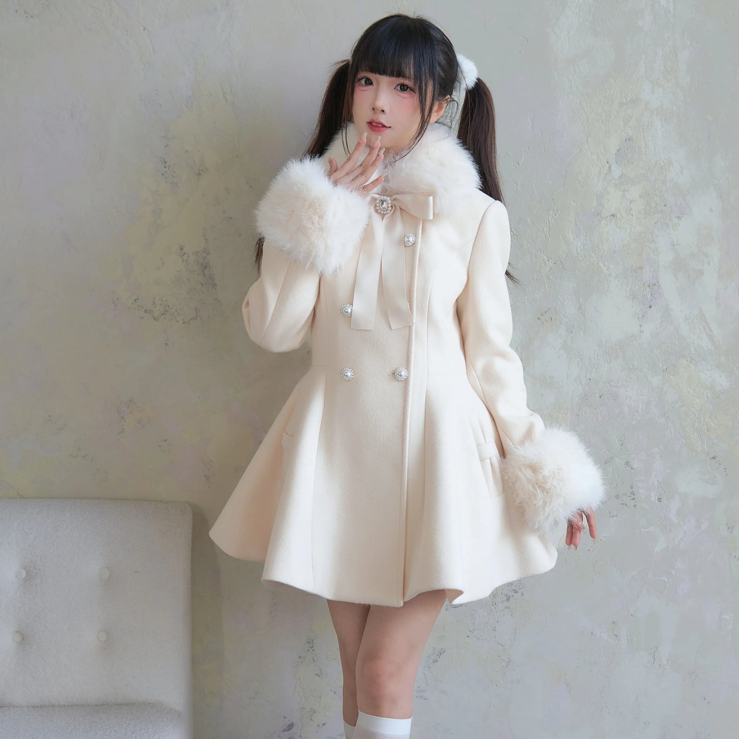 Fur Collar Slim Double-Breasted Woolen Coat