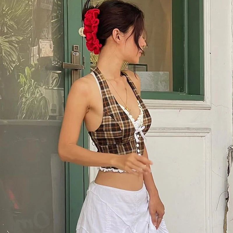 Halter V-Neck Plaid Waistcoat Slim Tank Top