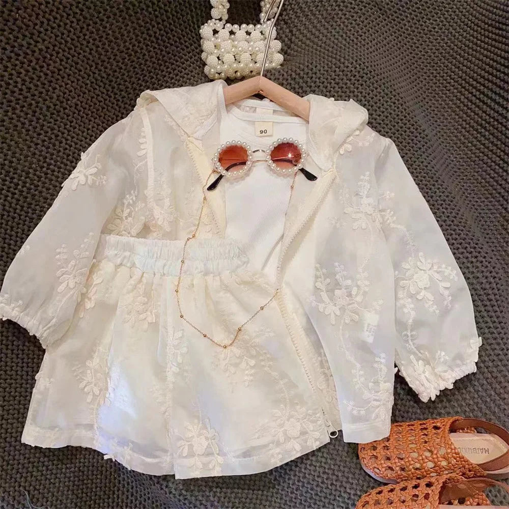 Lace Embroidery Hooded Sunscreen Coat Shorts Vest Three Piece Set