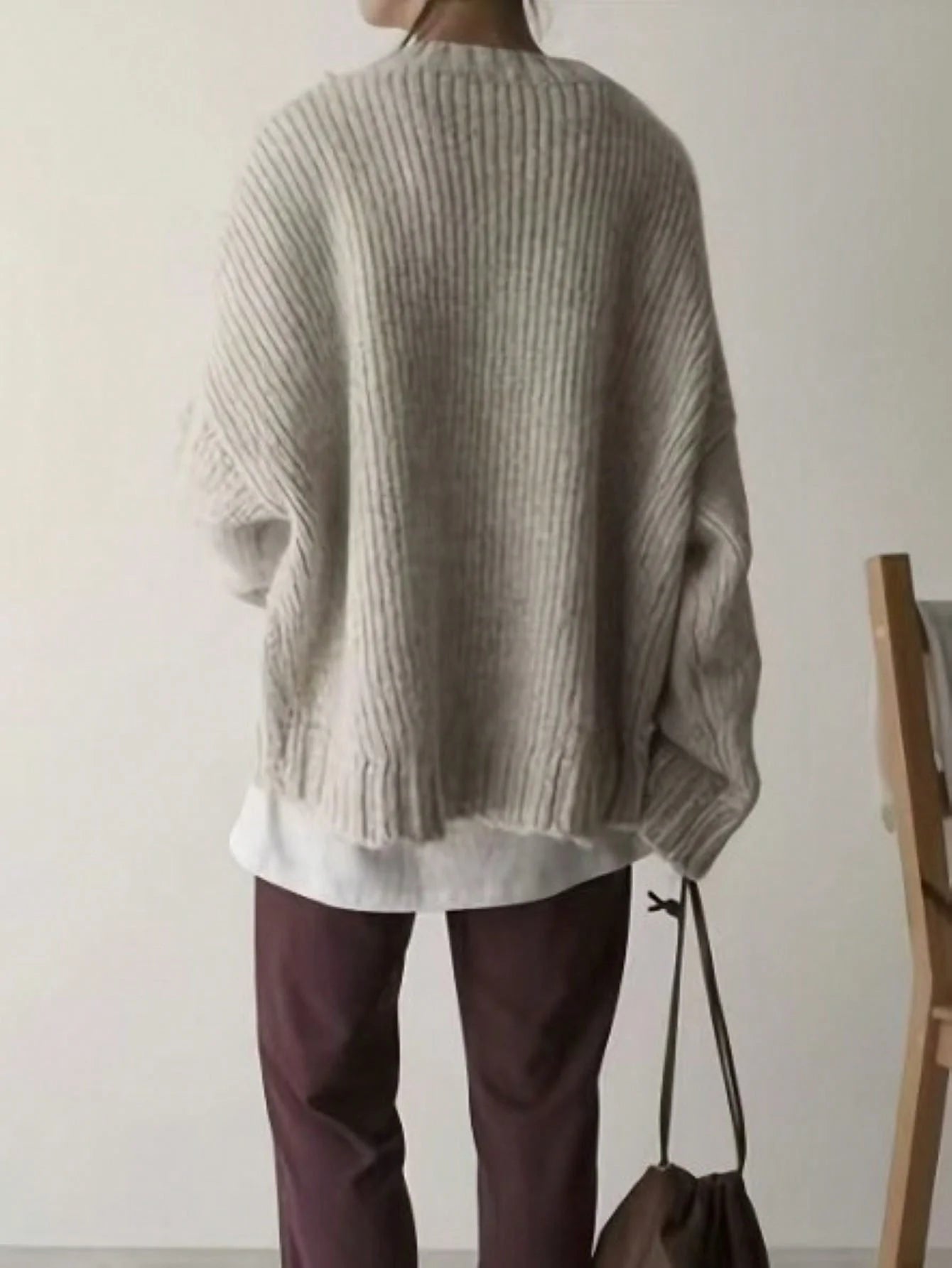 Crew Neck Long Sleeve Pullover Sweater with Side Pockets