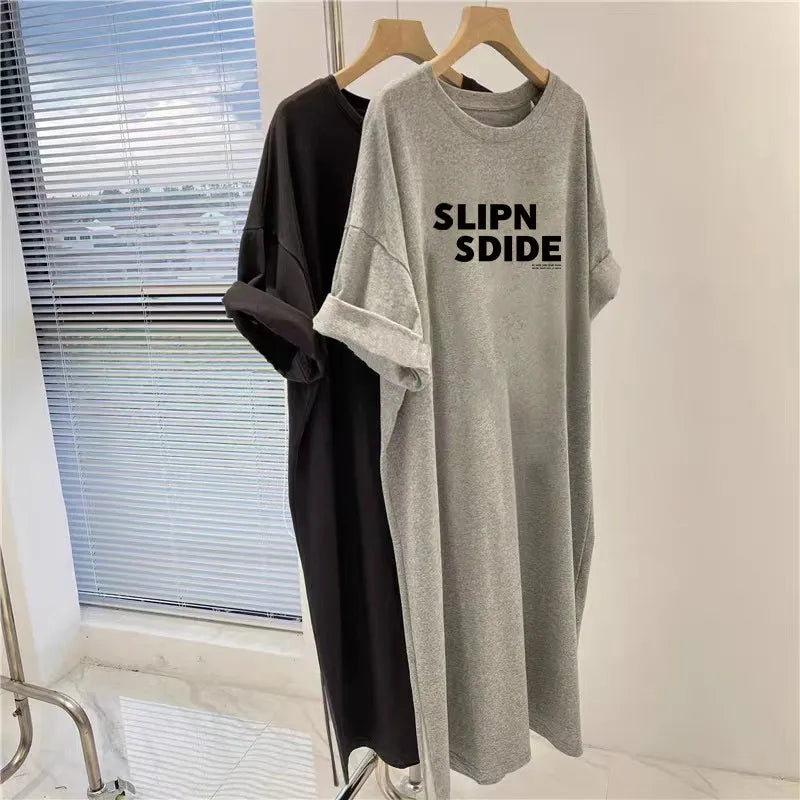 Simple Letter Printed Loose Short Sleeved Dress