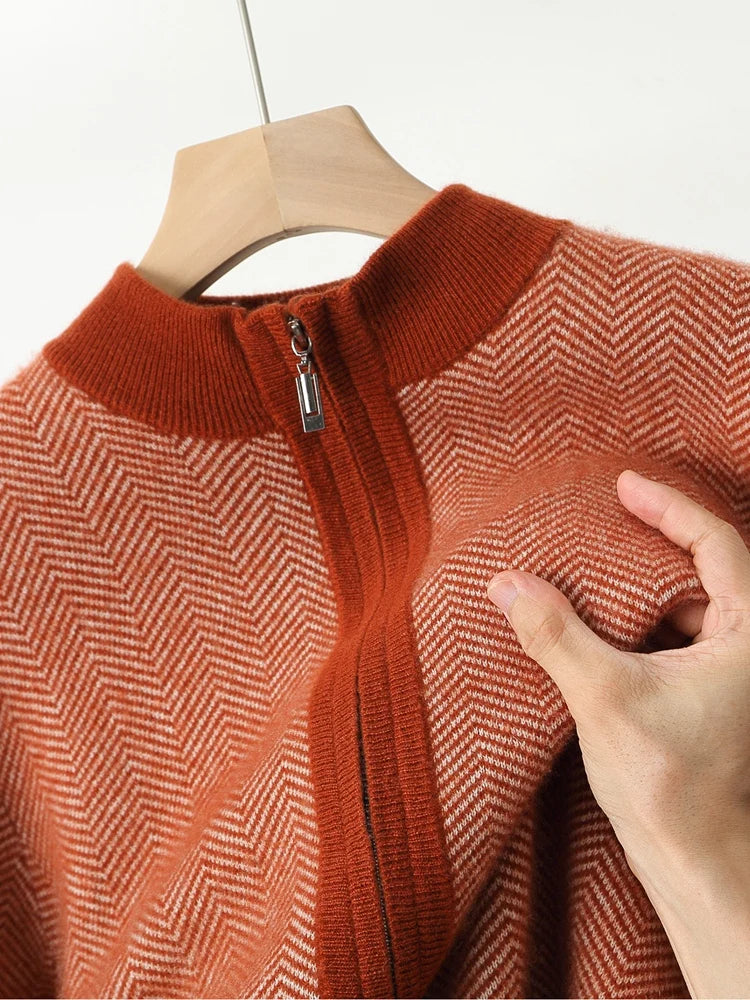 Merino Wool Sweater Cardigan Pants Autumn Winter Knitted Thick Soft Herringbone Color Blocking Pants Set