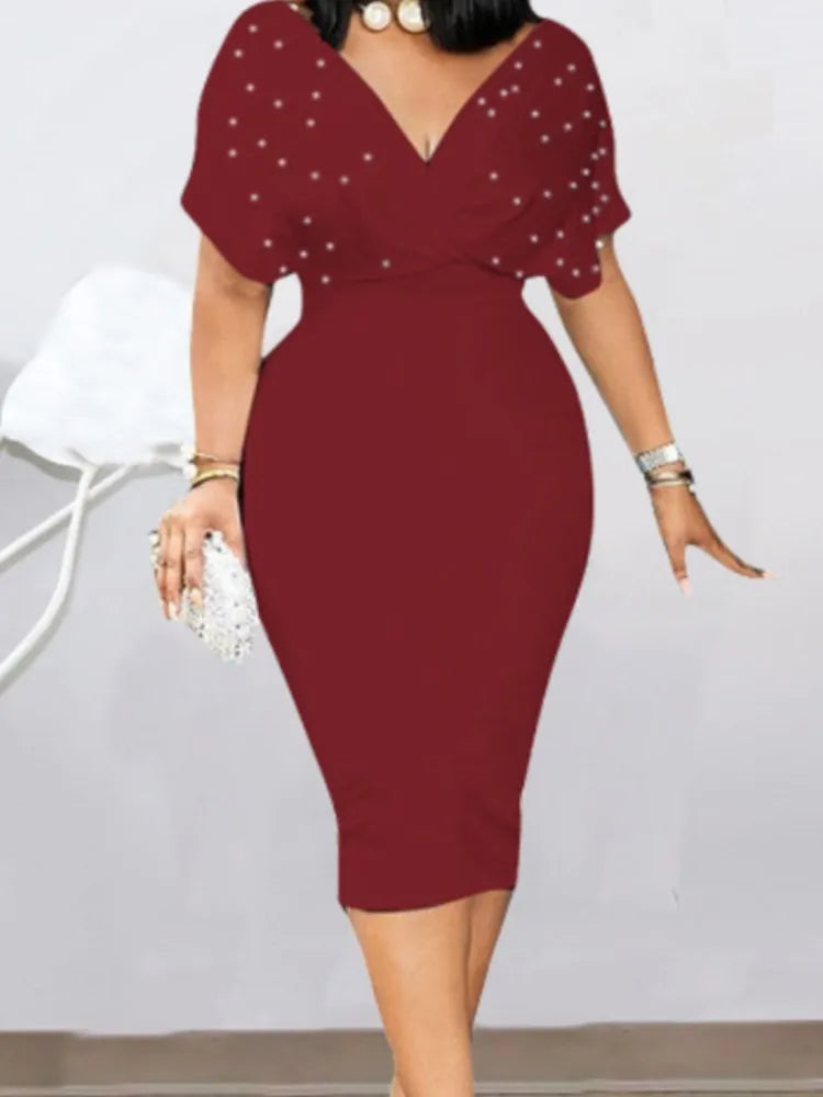Pink Pearl Embellished Midi Bodycon Dress