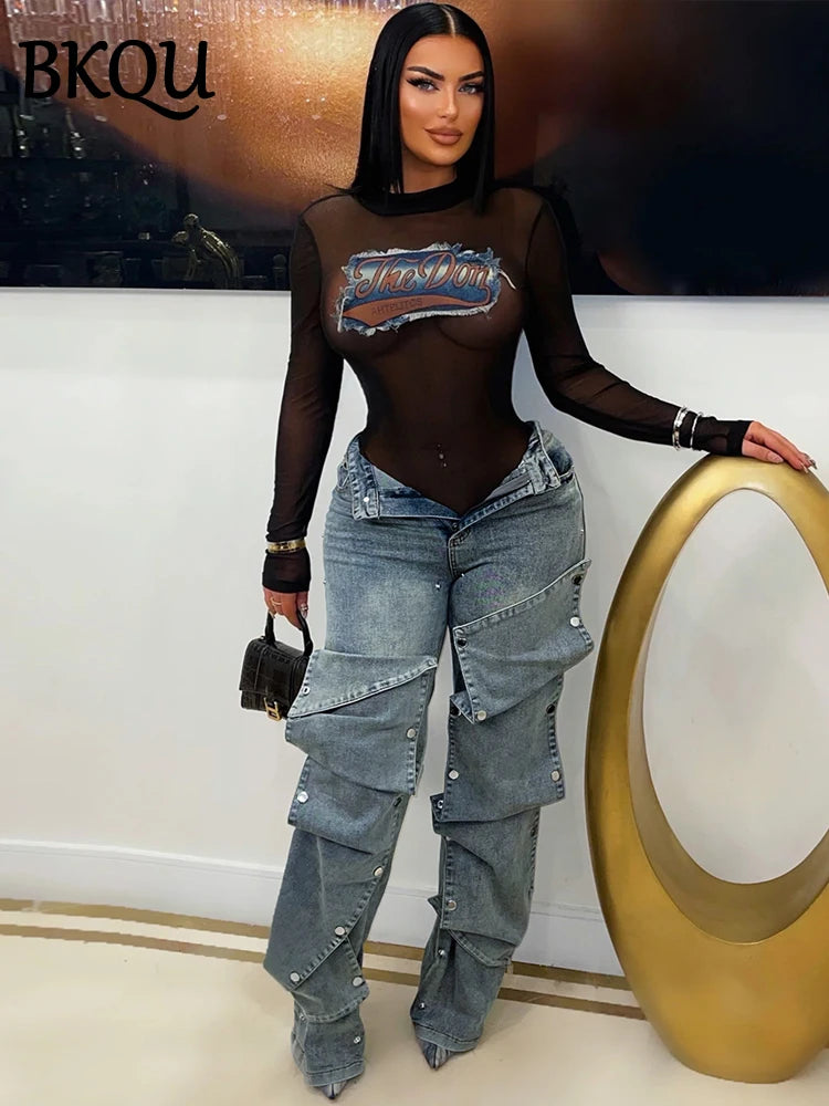 High-Waisted Wide-Leg Cargo Jeans with Snap Button Overlays